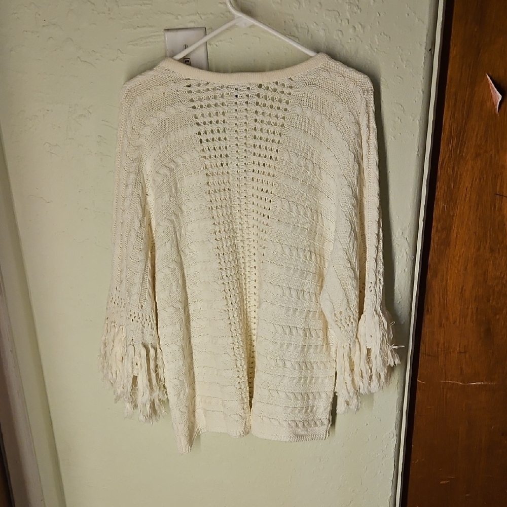 CAbi Cream V-Neck Sweater with Fringe Sleeves - Picture 4 of 5